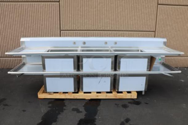 Regency 600S32424224 stainless steel 3-compartment sink with 2 drainboards, 124", unboxed, minor dents, 16-gauge.