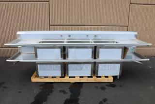 Regency 600S32424224 stainless steel 3-compartment sink with 2 drainboards, 124", unboxed, minor dents, 16-gauge.