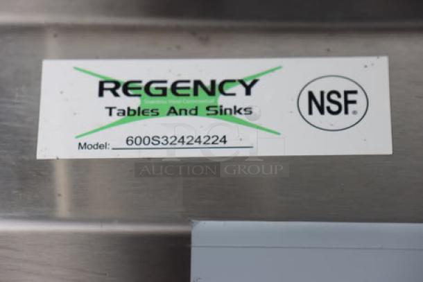 Regency 600S32424224 label on stainless steel commercial sink. Model and NSF markings visible.