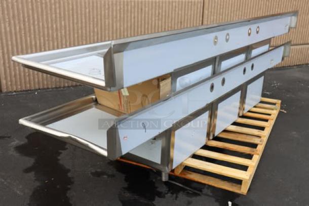 Regency 600S32424224 stainless steel sink, 3 compartments with 2 drainboards, 124". New, unboxed, minor dents.