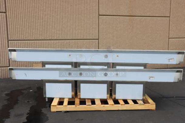 BRAND NEW Regency 600S32424224 124" stainless steel 3-compartment sink, minor dents, no packaging, on wooden pallet.