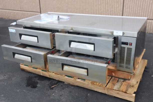 Brand new Avantco CBE-72-HC 72" refrigerated chef base, 4 drawers, tested, scratch-n-dent, S/N: 449586889 6166 2506.