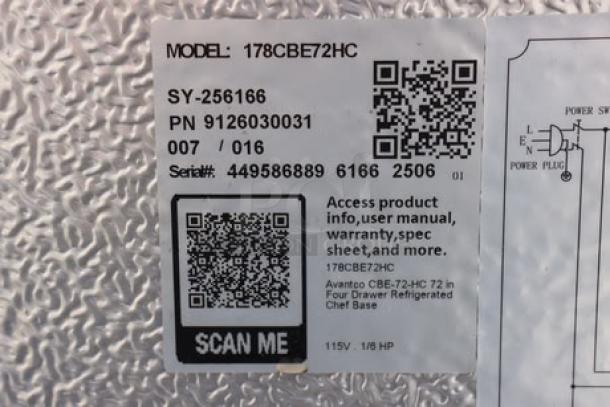 QR codes on Avantco CBE-72-HC unit label for access to product info, user manual, and specifications. Serial: 449586889.