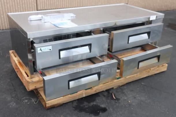 Avantco CBE-72-HC 72" 4 Drawer Refrigerated Chef Base, new scratch-n-dent, tested, on pallet with visible branding.