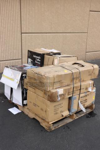Mixed lot of kitchen equipment on a pallet, boxes damaged; includes Regency sink, Avantco coffee maker, fryer, and grease trap.