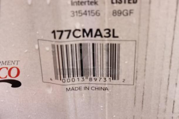 Box label showing barcode for Avantco CMA3L coffee maker, marked "Made in China." Packaging is wet.