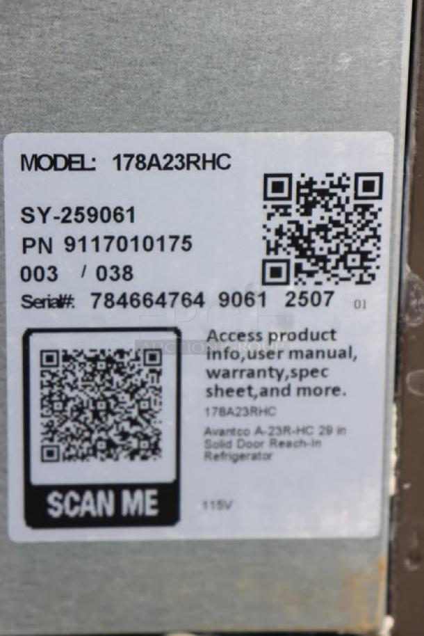 Avantco A-23R-HC refrigerator, 29" solid door, 115V, 3.6A, scratch-n-dent, working condition, S/N: 784664764 9061 2507.