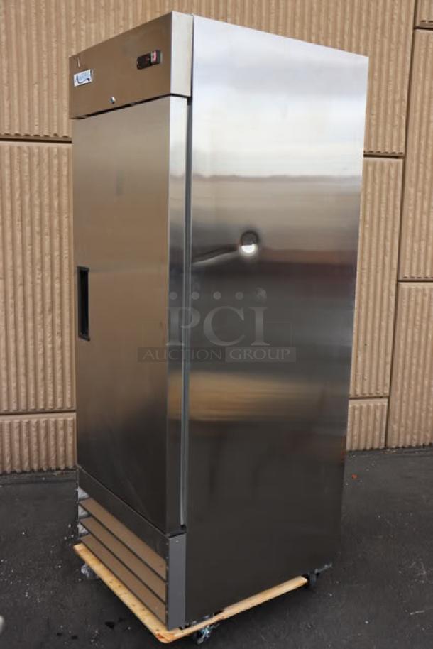 Brand new Avantco A-23R-HC 29" solid door reach-in refrigerator on a dolly; tested, scratch-n-dent condition.