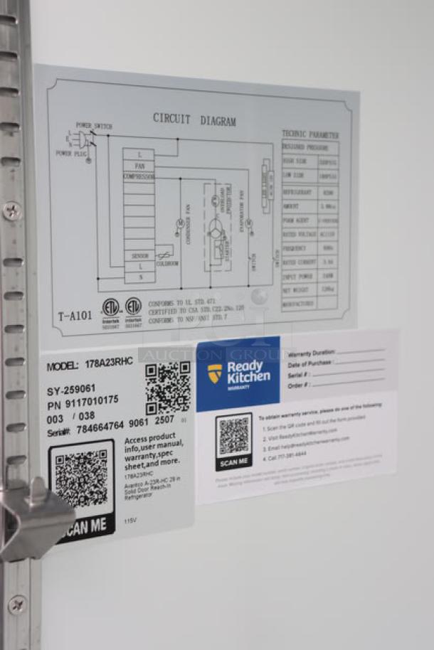 Brand new Avantco A-23R-HC 29" solid door reach-in refrigerator. Scratch-n-dent condition. Tested, working. Serial: 784664764 9061 2507.