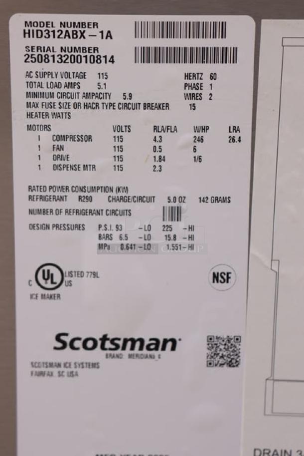 BRAND NEW Scotsman HID312ABX-1A Meridian® countertop nugget ice machine. 12 lb. bin, 115V, dented top. S/N: 25081320010814.