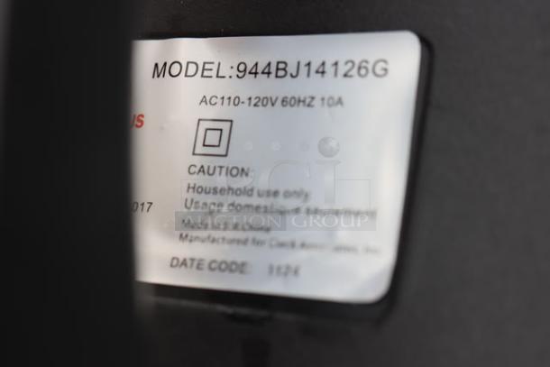 Model tag for Lavex 944BJ14126G vacuum, showing specs: AC110-120V, 60Hz, 10A. Note states household use only.