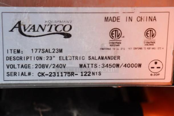 Avantco SAL23M electric countertop salamander, 23", 208/240V, 3450/4000W, scratch-n-dent, serial CK-231175R-122N1S.