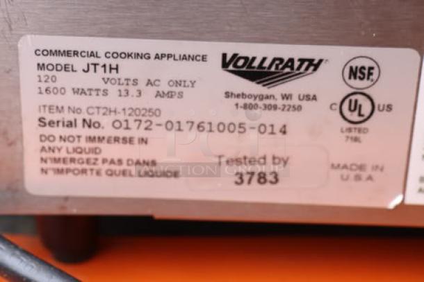 BRAND NEW Vollrath CT2H-120250 JT1H Conveyor Toaster label; 120V, 1600W, S/N: 0172-01761005-014.