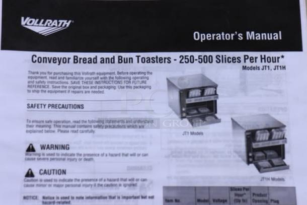Vollrath conveyor toaster operator's manual, detailing models JT1, JT1H with safety precautions and operation instructions.