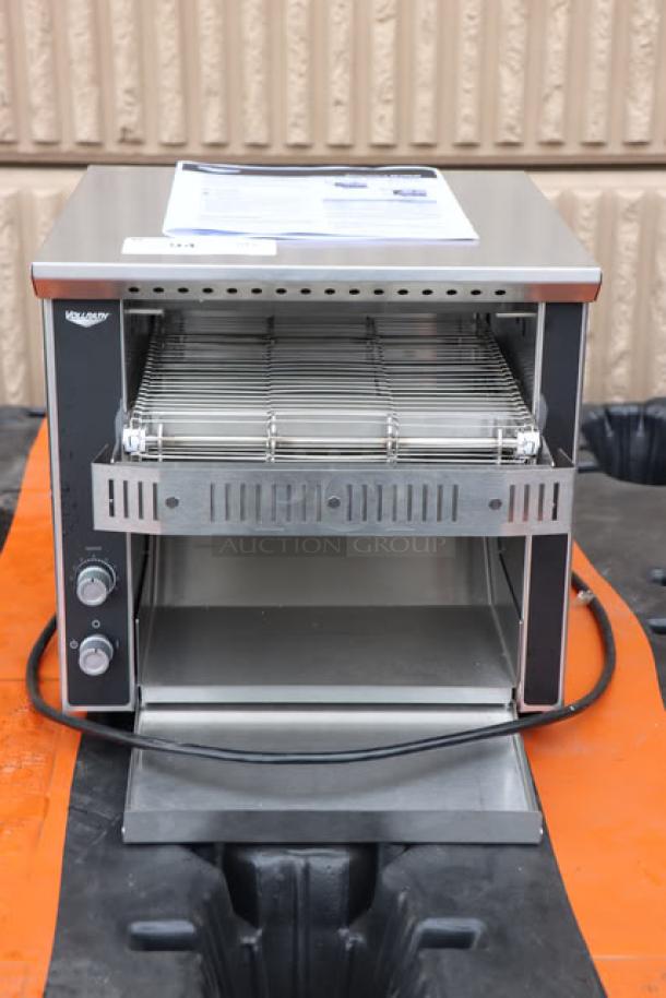 Brand new Vollrath CT2H-120250 JT1H conveyor toaster, 2.5" opening, 120V, 1600W, intact condition, visible control knobs.