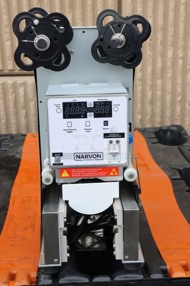 BRAND NEW Narvon 378csfa Automatic Cup Sealing Machine, 90-98 mm, model label visible, minor scratches, SN: 20240716062-S.