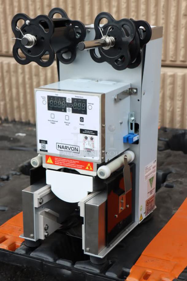 Brand new Narvon 378csfa automatic cup sealing machine, model 90-98 mm PP/PET, slight scratches, serial 20240716062-S.