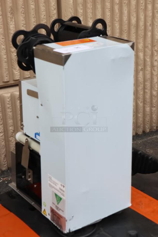 Brand new Narvon 378csfa cup sealing machine, scratch-n-dent, model for 90-98 mm PP/PET cups, visible labels on unit.