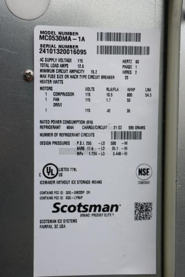Scotsman MC0530MA-1 Prodigy Elite® ice machine, 30", air cooled, medium cube, 525 lb. capacity, 115V, new with minor scratches and dents.