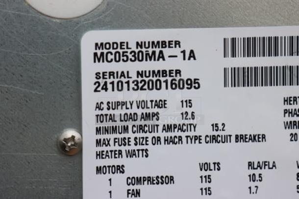 Label for Scotsman MC0530MA-1A ice machine; S/N: 24101320016095, 115V, 12.6 total load amps.