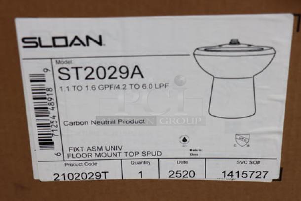 DAMAGED Sloan ST-2029-A vitreous china toilet bowl, ADA compliant, floor mount, top spud, model details on label.