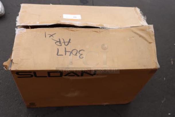 Damaged box of Sloan ST-2029-A vitreous china water closet, ADA compliant, floor mount, top spud, toilet bowl only.