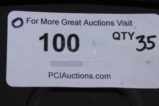 Brand new Lancaster Table & Seating metal chair backrest, black. Auction tag shows quantity 35.