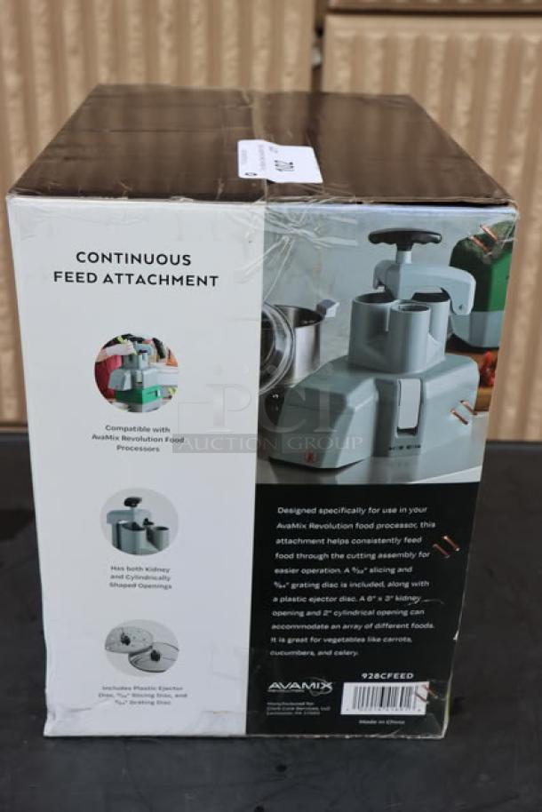 Brand new AvaMix Revolution 928CFEED continuous feed attachment in box. Compatible with AvaMix processors. Model 928CFEED.