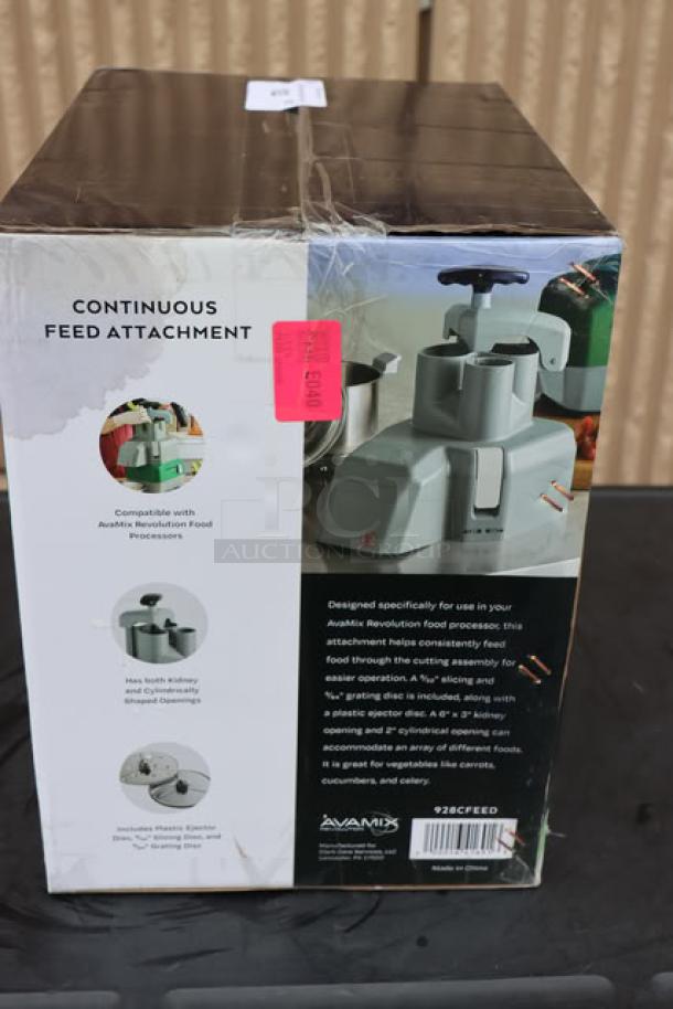 BRAND NEW AvaMix Revolution 928CFEED Continuous Feed Attachment box. Compatible with AvaMix food processors.