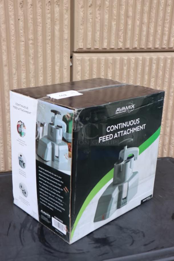 BRAND NEW AvaMix Revolution 928CFEED Continuous Feed Attachment in box. Box shows product images and specifications.