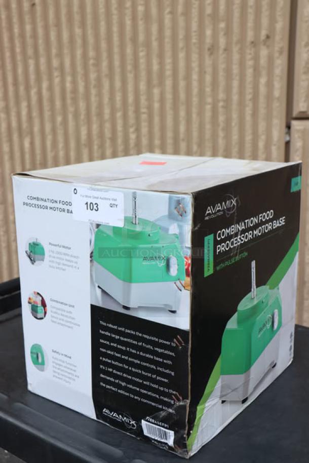 BRAND NEW AvaMix Revolution 928BASEFP1 motor base in box for 1 hp food processors, features pulse button, model 928BASEFP1.