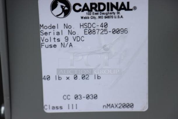 Cardinal Detecto HSDC-40 digital hanging scale, 40 lb capacity, new, legal for trade, serial E08725-0096, 9 VDC.