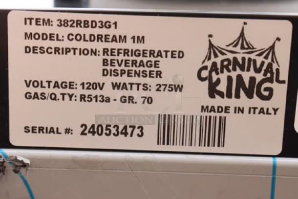 BRAND NEW Carnival King RBD3G1 3 Gallon Beverage Dispenser. Scratch-n-dent condition. 120V, 275W, S/N: 24053473. Made in Italy.