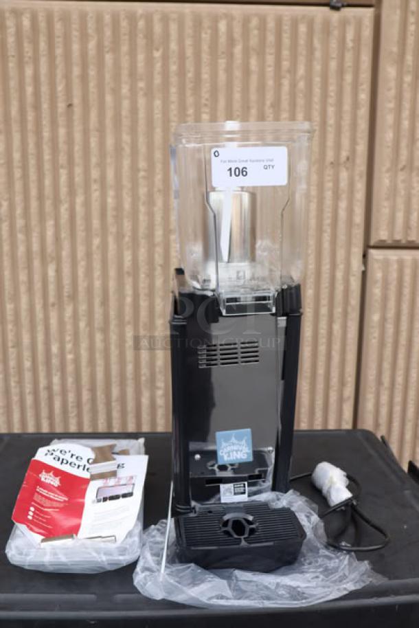 Carnival King RBD3G1 beverage dispenser, 3-gallon bowl, brand new scratch-n-dent, includes manuals and power cord, S/N: 24053473.