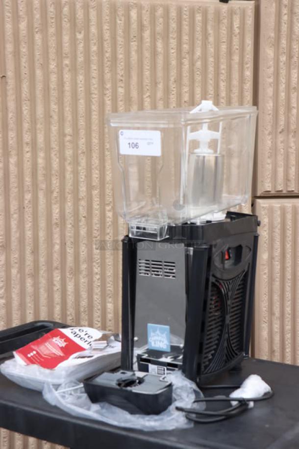 Brand new Carnival King RBD3G1 single 3-gallon refrigerated beverage dispenser, includes tags and manual, minor scuffs visible.