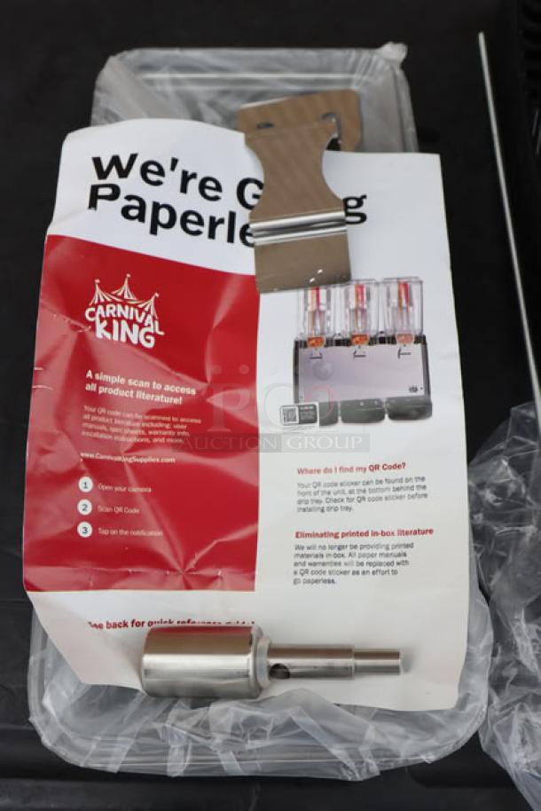 BRAND NEW SCRATCH-N-DENT Carnival King RBD3G1 beverage dispenser, 3-gallon, 120V, instructions and parts shown.