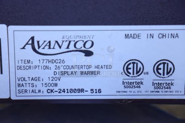 Avantco HDC-26 heated display case label showing item name, model, 120V, 1500W power, and serial number CK-241009R-516.