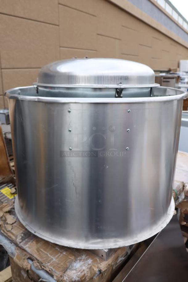 BRAND NEW NAKS 52B-4500-FF centrifugal upblast exhaust fan, 4500 CFM, 1357 RPM, 115V, single phase, minor dents visible.