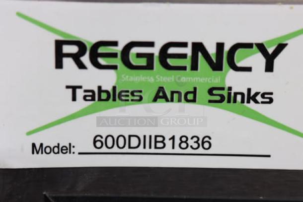Regency label for 18" x 36" stainless steel drop-in ice bin, model 600DIIB1836, shows brand and model details.