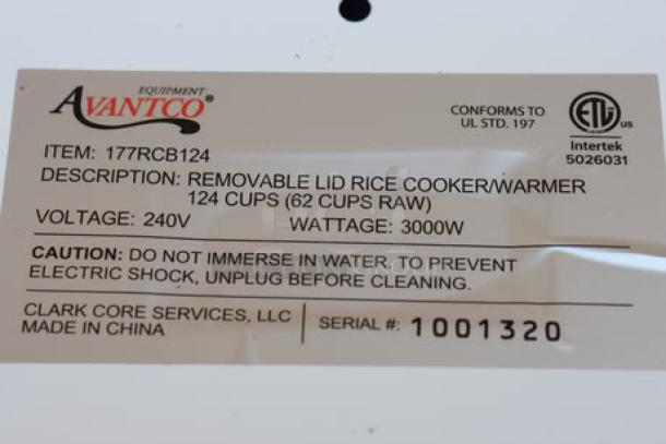 Alt text: Avantco RCB124 rice cooker/warmer label, 124 cup capacity, 240V, 3000W, S/N: 1001320, new condition, removable lid.