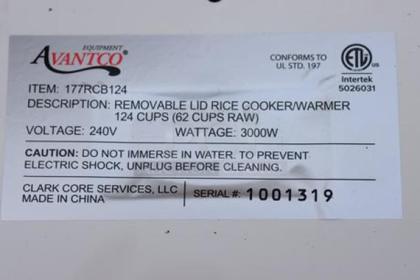 Avantco RCB124 electric rice cooker/warmer, 124 cup capacity, removable lid, 240V, 3000W, new, serial #1001319.