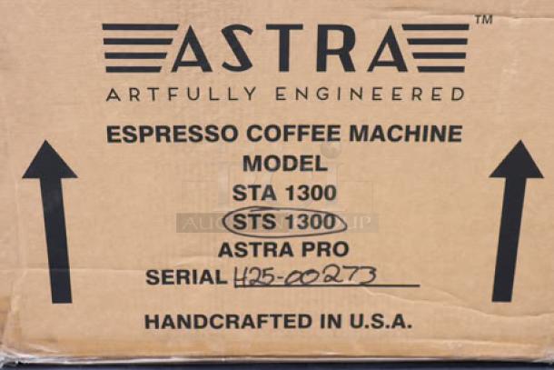 BRAND NEW Astra STS1300 Pourover Steamer Box, 110V, Serial 425-00273, Handcrafted in USA, Espresso Coffee Machine branding.