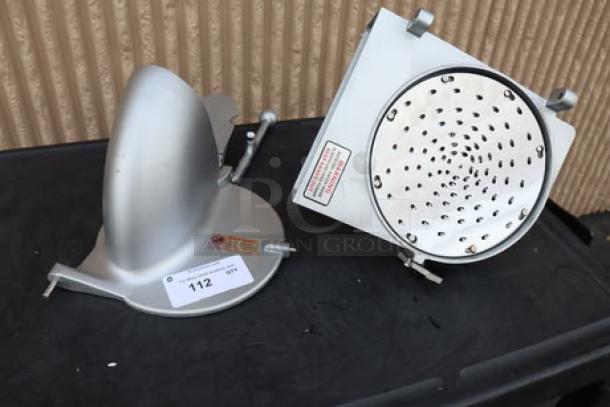 Brand new shredder attachment for mixers with #22 hubs, featuring a perforated plate, and mounting assembly.