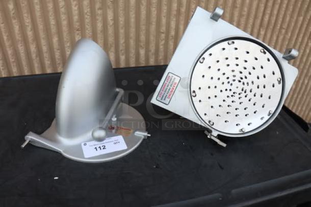 Brand new shredder attachment for mixers with #22 hubs, featuring a perforated disc and durable metal construction.