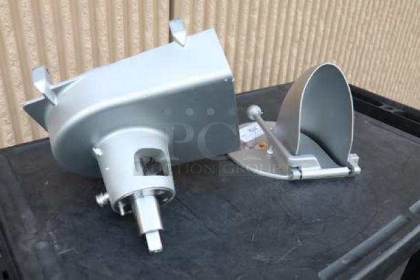 Brand new shredder attachment for mixers with #22 hubs, silver finish, includes all components, pristine condition.