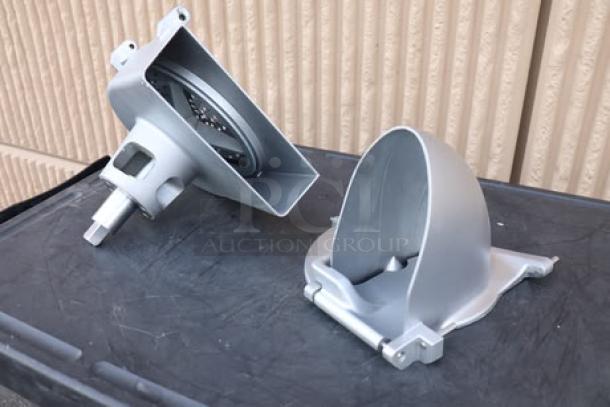 Brand new shredder attachment for mixers with #22 hubs, featuring durable metal construction and two-part design.