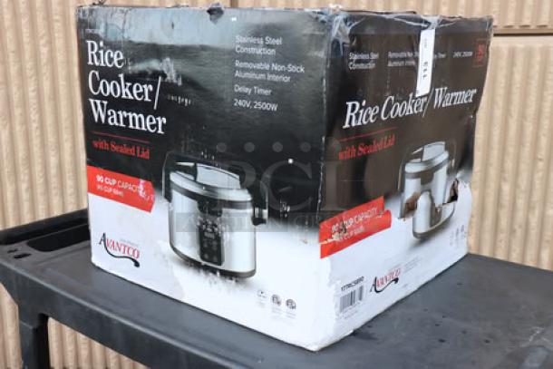 BRAND NEW Avantco RCSB90 90 Cup Digital Rice Cooker/Warmer, stainless steel, original box with damage, potential dents/scratches, 240V.