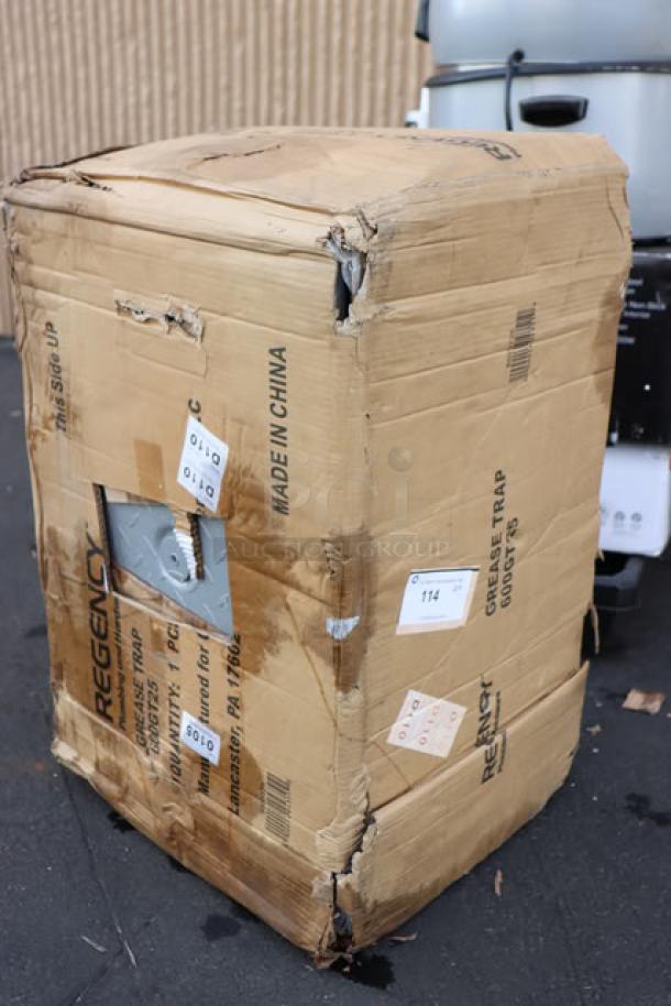 Regency 600GT25 grease trap, 50 lb., 25 GPM, 3" non-threaded connections. Original packaging damaged, possible scratches/dents.