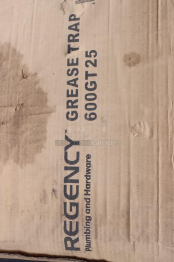 Regency 600GT25 grease trap packaging, showing model name and details. Box is damaged with visible stains.
