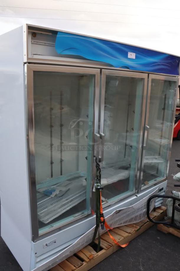 Brand new Avantco GDC-69-HC glass door merchandiser fridge, 78 1/4", LED lighting, white, bottom frame damage.